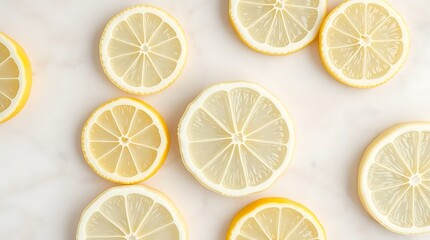 Fototapeta premium Lemon slices on marble background. Top view, flat lay.