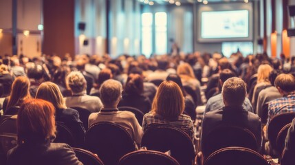 A large group of people seated in an auditorium attentively watching a presentation on a projector screen
