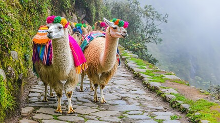 Llama trekking colorful mountain path