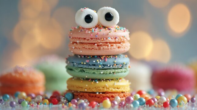 Rainbow macarons with googly-eyed marshmallow and sugar pearls, colorful dessert still life for kids party ads, bakery social media, joyful confectionery branding