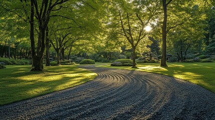 Obraz premium Sunlight streams through trees in a serene Japanese garden, illuminating the curving stone path.