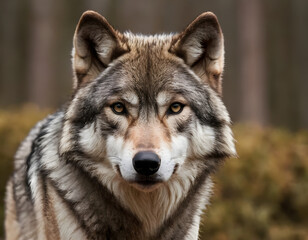 Fototapeta premium A grey wolf portrait. A natural background with copy space. wolf in the woods.