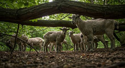 Sheep herd beneath a tree canopy