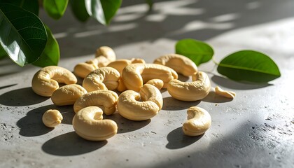 Cashews on a light surface with leaves