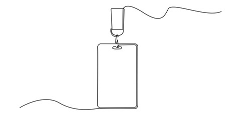 Minimalist continuous line drawing of a blank ID card hanging from a lanyard. Simple vector design representing identification, business access, employee badge, or conference credentials.