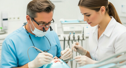 A dentist and his assistant perform a dental procedure on a patient in a modern clinic
