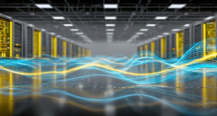 Server room with abstract digital waves