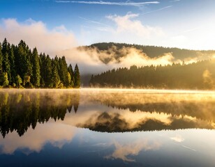 Fototapeta premium Misty sunrise over a tranquil lake nestled amongst pine forests