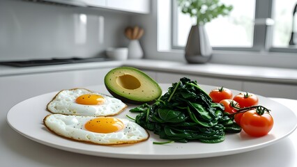 Side view of a healthy keto breakfast | Fried eggs, avacado, salad