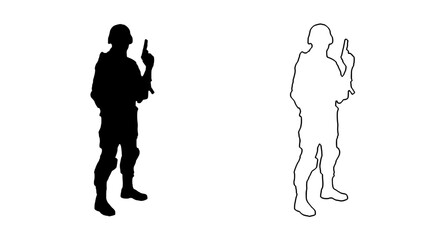 a man standing and holding a pistol, monochrome silhouette, high contrast, digital sketch
