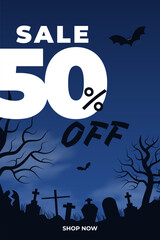 Halloween sale vertical banner label background design. 50 percent off for holiday season template with trees, graveyard, bats flat style dark blue black background. Vector illustration