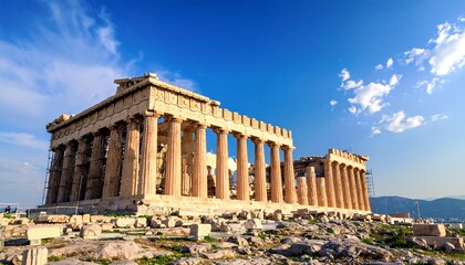 Fototapeta premium Ancient Greek temple, Parthenon, under a vibrant blue sky