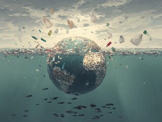 Fototapeta premium Earth sinking beneath a deluge of plastic waste