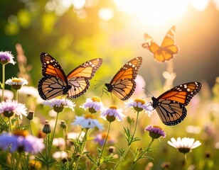 Monarch butterflies flit amongst wildflowers in a sunlit meadow
