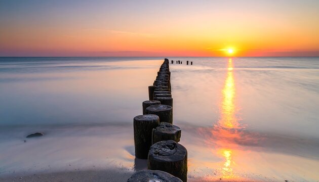 Coastal sunset with wooden breakwater