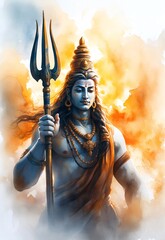 Watercolor Illustration of Lord Shiva for Maha Shivratri – Hindu Festival Greeting Card and Spiritual Shaivism Concept.

