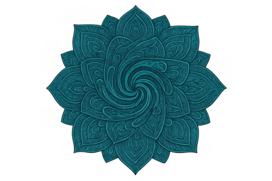 Intricate turquoise mandala swirling with delicate symmetry, radiating spiritual energy against translucent backdrop