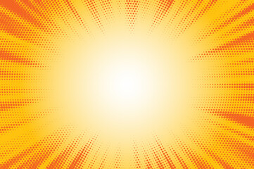 Obraz premium Retro vintage style background with sun rays. Light yellow orange sunburst halftone background. Vector illustration 