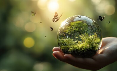 Hand holds crystal sphere with miniature Earth scene; butterflies