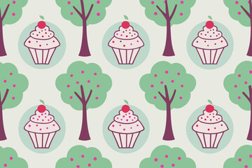 Whimsical cupcake and tree pattern pink