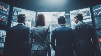 Four business professionals in suits analyze multiple large digital screens displaying data and charts in a dark, modern control room