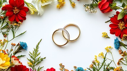 Colorful floral arrangement with wedding rings