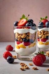 fruit yogurt parfait with granola in glass cup