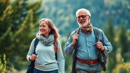 An active senior couple smiles at each other while hiking on a scenic forest path, enjoying the outdoors together - Powered by Adobe