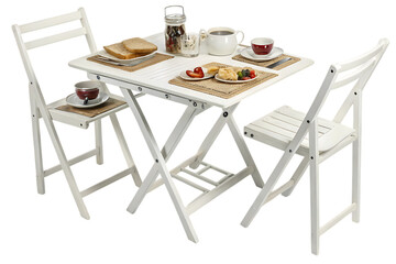 Compact white folding table and chairs set with breakfast items