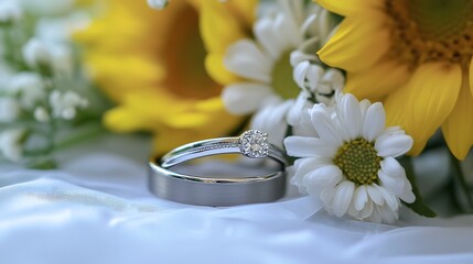 Wedding rings and flowers closeup