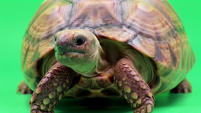 Front view of a tortoise on a vibrant green background, showcasing its unique shell and textured skin, looking directly at the camera.