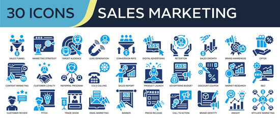 Collection of Sales Marketing icons, related to sales funnel, marketing strategy, target audience, digital advertising, sales growth and more. Solid icons vector illustation.