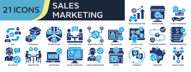 Go to Page
|123Next
Collection of Sales Marketing icons, related to sales forecasting, loyalty program, segmentation, online sales, public relations and more. Solid icons vector illustation.