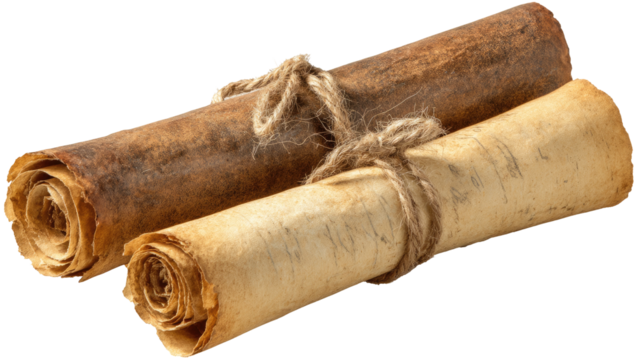 Two ancient scrolls tied with twine.  Aged parchment, rolled tightly, resting atop each other.  Light tan and brown colors.  Visible writing on the surface.  Isolated on a black background