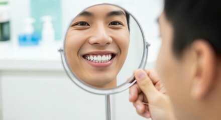 A happy Asian man admiring his perfect white smile in a round dental mirror after a whitening procedure