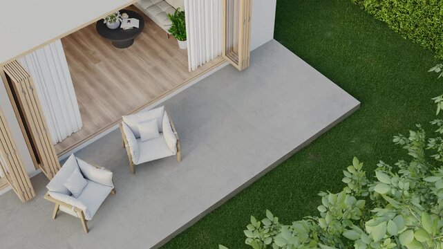 Parquet floor living room with wood-framed glass doors open to garden. Modern house terrace 3d rendering.