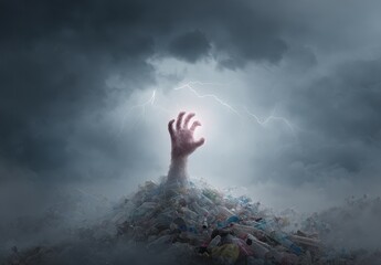 A hand emerges from a mountain of plastic waste, dramatic sky