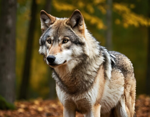A grey wolf portrait. A natural background with copy space. 
