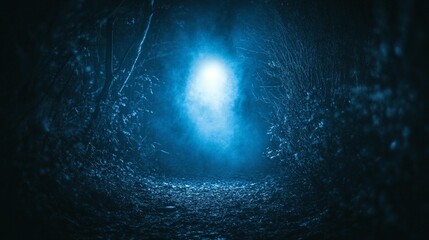 Mystical forest path at night, bathed in ethereal blue light