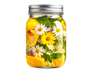 Sunlit Mason Jar of Herbal Water with Wildflowers and Leaf Shadow Overlay, Artistic Style, Transparent PNG
