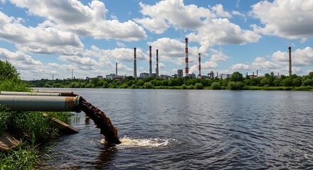 This compelling scene depicts the stark contrast between lush green nature and the detrimental effects of industrial discharge, urging viewers to consider the consequences of pollution.