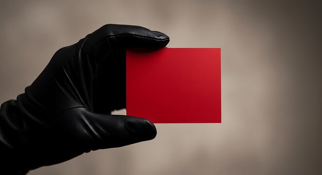 A gloved hand holds a vibrant red card against a blurred background, creating a sense of mystery and intrigue.