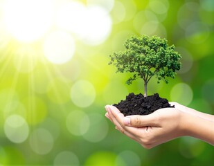 A close-up of a hand gently cradling rich, dark soil, with a vibrant green sapling emerging, symbolizing growth and nurturing nature's beauty.