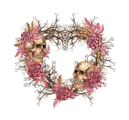 Gothic heart-shaped wreath made dry branches, decorated with burgundy roses, leaves, brown feathers, and skulls. Watercolor illustration. Isolated. Ideal for dark romantic Halloween or Day Dead decor.