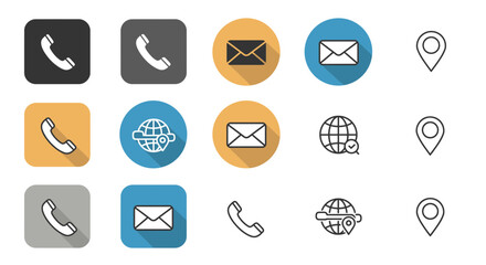 Collection of communication icons representing contact methods like phone, email and location