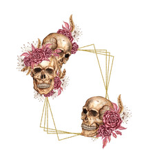 Burgundy roses, buds, rose leaves and human skulls watercolor illustration. Gothic design with golden geometric frame for Halloween. Suitable for vintage templates, border, outline, composition,