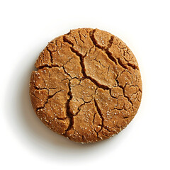 A single round gingerbread cookie with a cracked surface, isolated on a white background.