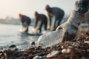 Close-up hand picking plastic bottle.  Community cleanup