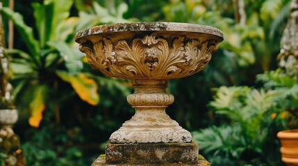 Ornate stone planter in a lush garden