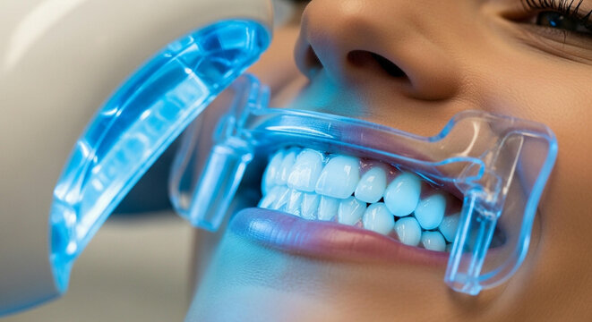 A close up of a teeth whitening treatment using a blue LED accelerator light for a brighter smile